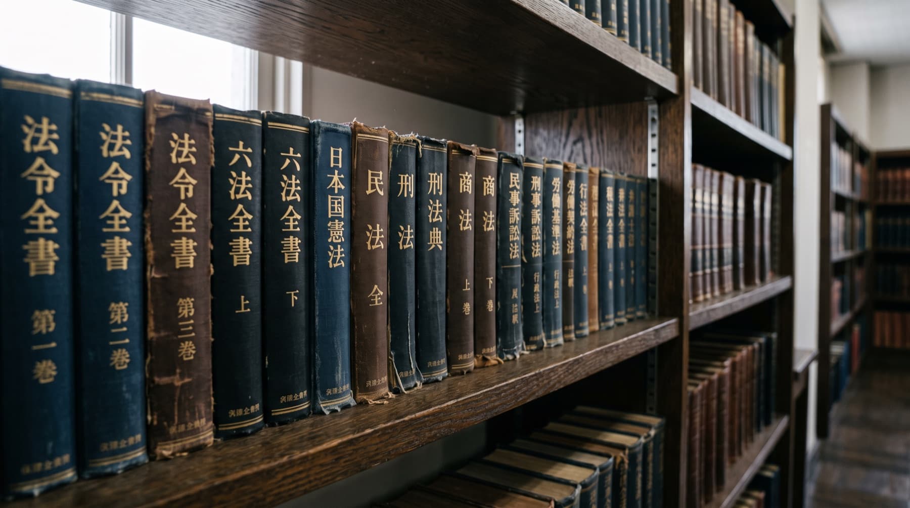 法令全書、六法全書、日本国憲法、民法などが並ぶ書架。